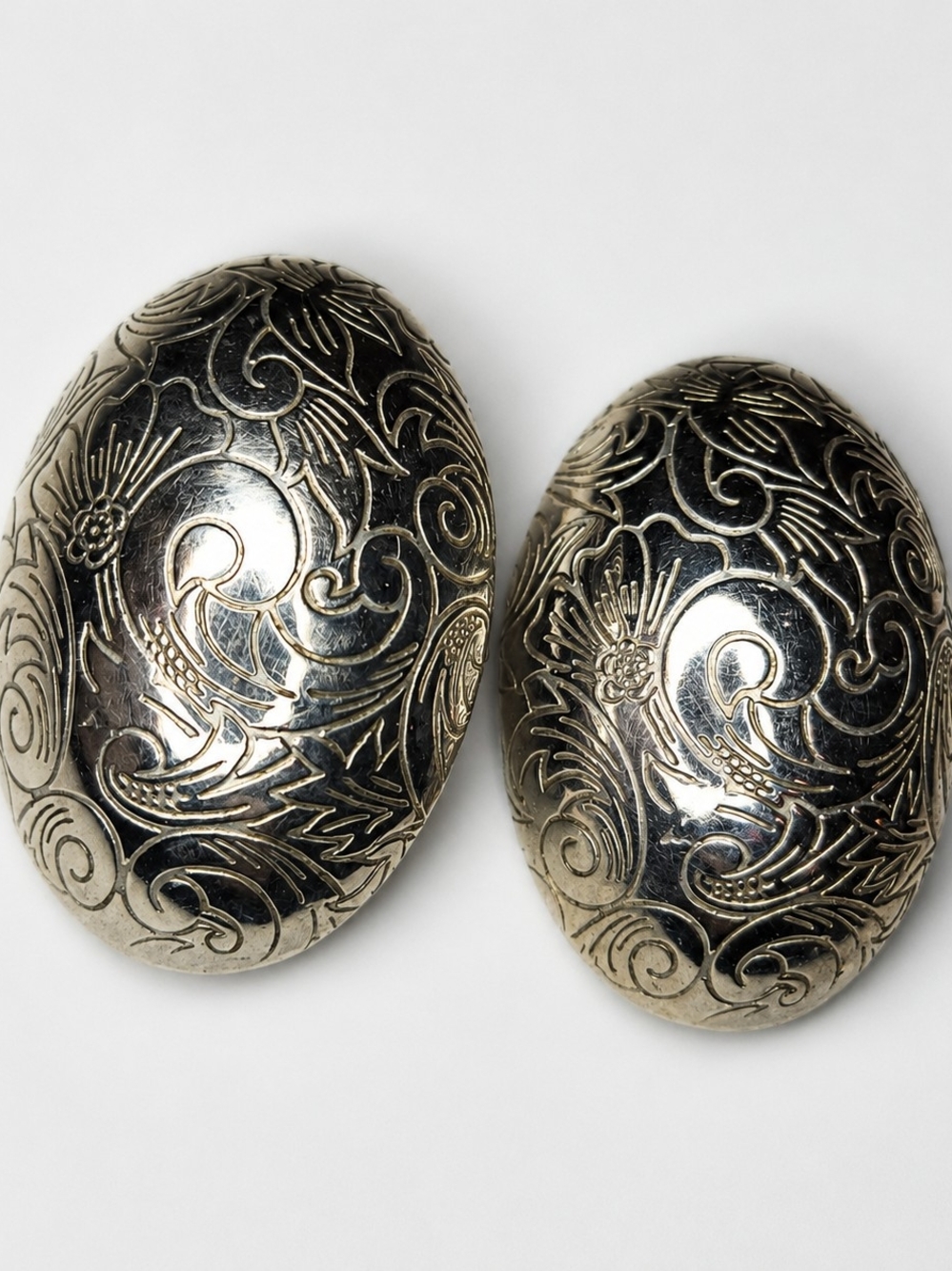 Vintage Silver Tone Oval Clip Earrings Engraved Floral Scroll Statement 1.75"